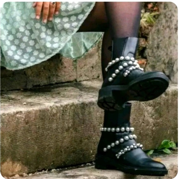 ZARA NWT PEARL STRAPPED LOW HEEL VEGAN LEATHER ANKLE BLACK  BOOTS WOMEN'S SZ 6.5 - Picture 3 of 13